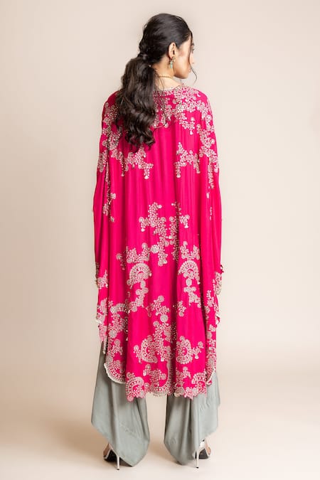 Shop_Nupur Kanoi_Fuchsia Silk Hand Embroidered Cape With Pant _at_Aza_Fashions