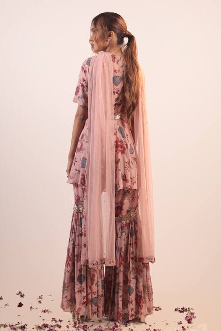 Shop Label Shristi Chetani Pink Crepe, Georgette Beads Scoop Neck Floral Embellished Kurta Sharara Set at Aza Fashions Shop_Label Shristi Chetani_Pink Crepe, Georgette Beads Scoop Neck Floral Embellished Kurta Sharara Set_at_Aza_Fashions