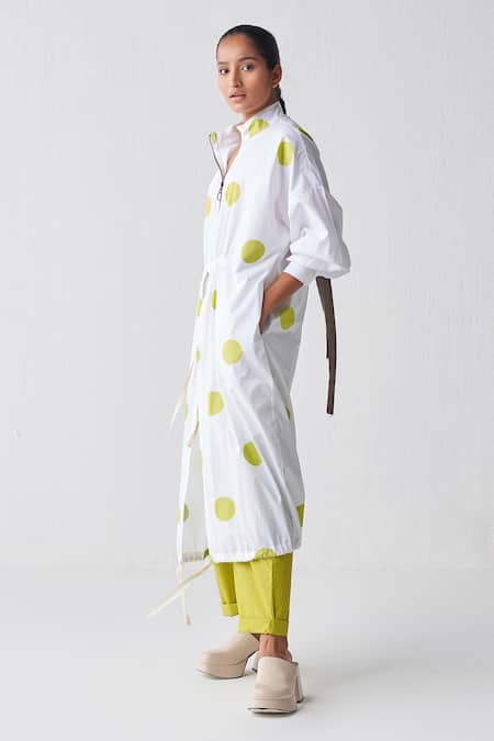 Shop Three Green Poplin Polka Band Collar Pattern Tunic And Narrow Pant Set at Aza Fashions Shop_Three_Green Poplin Polka Band Collar Pattern Tunic And Narrow Pant Set _at_Aza_Fashions