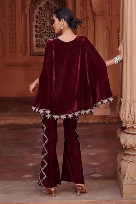 Shop Ajiesh Oberoi Wine Velvet Embroidery Aari Work Cape And Flared Pant Set at Aza Fashions Shop_Ajiesh Oberoi_Wine Velvet Embroidery Aari Work Cape And Flared Pant Set _at_Aza_Fashions