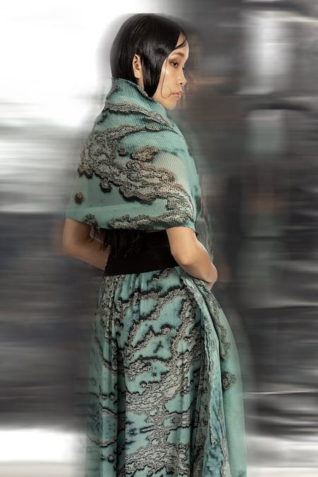 Shop Abhishek Sharma Green Polyester Embroidery Off-shoulder Reef Print Draped Top at Aza Fashions Shop_Abhishek Sharma_Green Polyester Embroidery Off-shoulder Reef Print Draped Top _at_Aza_Fashions