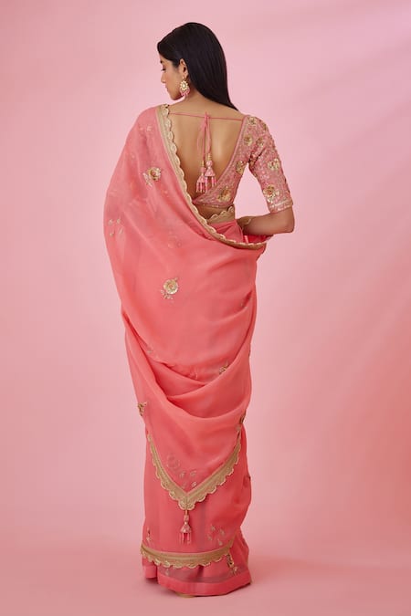 Shyam Narayan Prasad Coral Pink Floral Embroidered Saree Set 