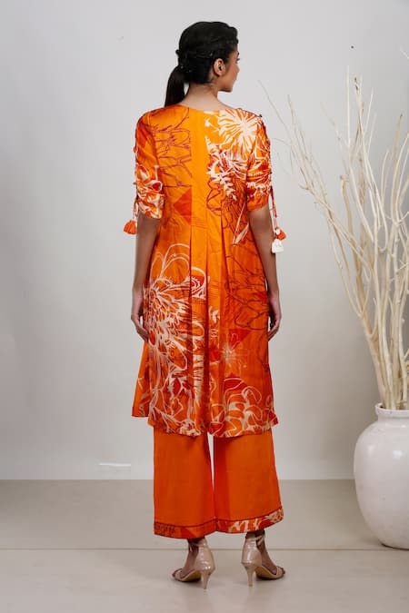 Shop_Garo_Orange Modal, Satin Embroidery Round Neck Floral Print Kurta And Pant Set _at_Aza_Fashions