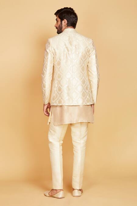Shop_Amrin Khan_Gold Jacket Banarasi, Kurta Munga , Pant Woven Work And Set _at_Aza_Fashions
