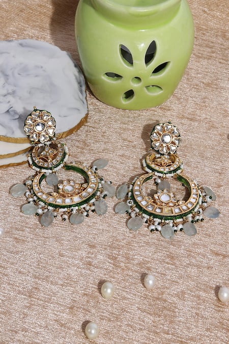 Auraa Trends Green Beads, Diamonds Kundan Studded And Drop Chandbalis
