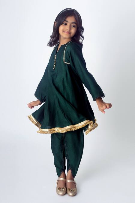 Shop_Ranikidswear_Green Burberry Embroidery Tassel Solid Kurta And Pant Set_Online_at_Aza_Fashions