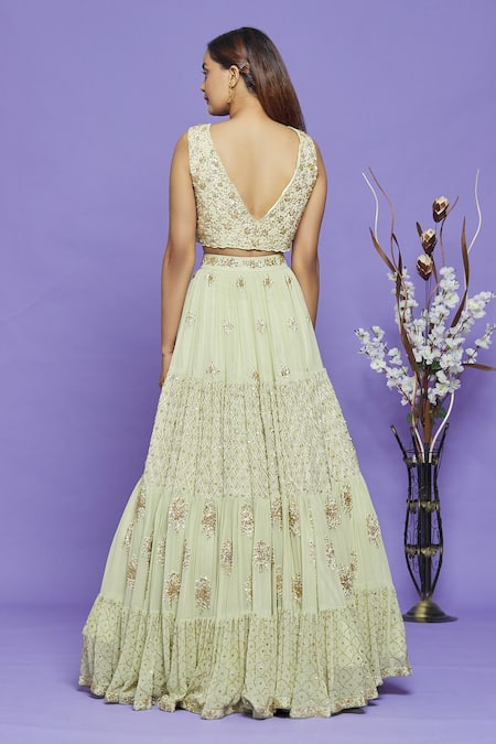 Shop_Neha Mehta Couture_Green Pure Georgette Embroidery Sequin V Neck Lehenga Set _at_Aza_Fashions