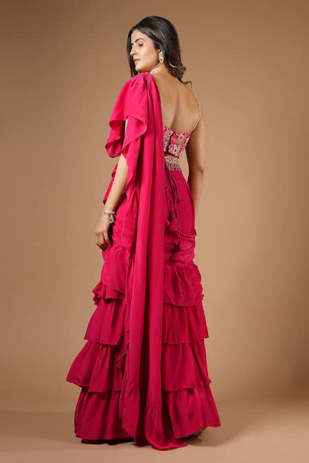 Vana Ethnics_Pink Viscose Zari, Mirrors, Tassels Pre-draped Ruffle Saree With Work Blouse _Online_at_Aza_Fashions