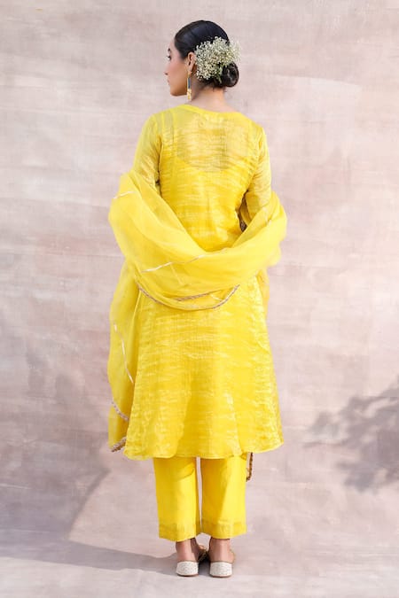 Shop Label Mansi Nagdev Yellow Tissue, Chanderi Beads Round Neck Kiran A-line Kurta Set at Aza Fashions Shop_Label Mansi Nagdev_Yellow Tissue, Chanderi Beads Round Neck Kiran A-line Kurta Set _at_Aza_Fashions