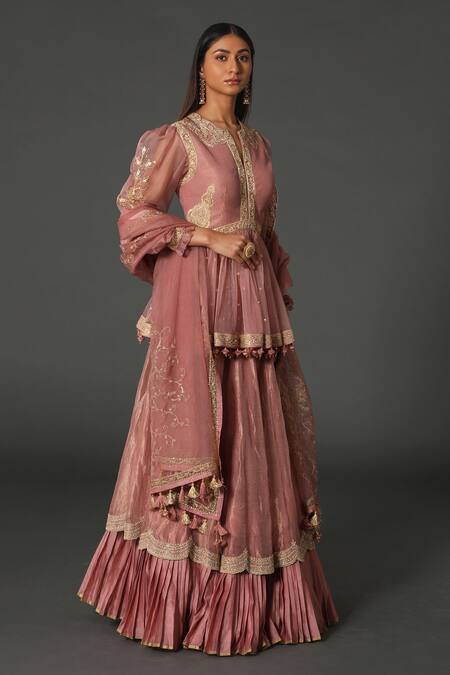 Shop Rar Studio Pink Chanderi, Silk Embroidery, Lace, Tassels Mandarin Collar Peplum Lehenga Set at Aza Fashions Shop_Rar Studio_Pink Chanderi, Silk Embroidery, Lace, Tassels Mandarin Collar Peplum Lehenga Set_at_Aza_Fashions