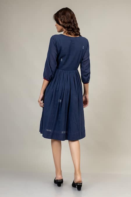 Shop Doodlage Blue Cotton Embroidery Round Neck Luna Gathered Dress at Aza Fashions Shop_Doodlage_Blue Cotton Embroidery Round Neck Luna Gathered Dress _at_Aza_Fashions