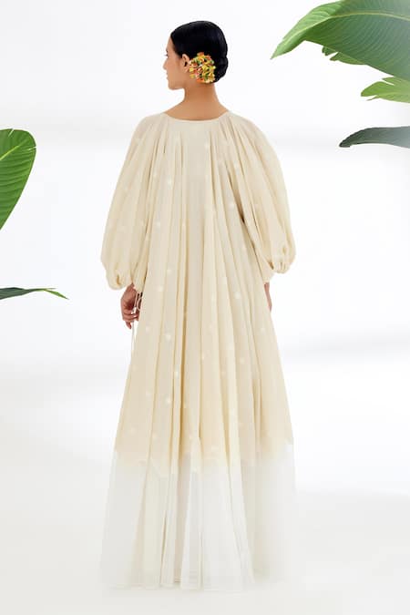 Nikasha Cream Handwoven Jamdani Cotton Polka Dots, Heart Pattern And Running Stitch Dress Online at Aza Fashions Nikasha_Cream Handwoven Jamdani Cotton Polka Dots, Heart Pattern And Running Stitch Dress _Online_at_Aza_Fashions