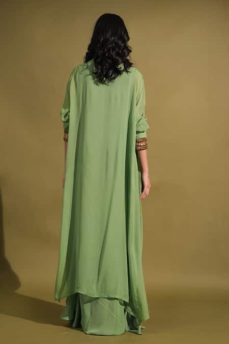 Shop_Nikita Mhaisalkar_Green Georgette Embroidery Round , Open Yoke Dress And Jacket Set _at_Aza_Fashions