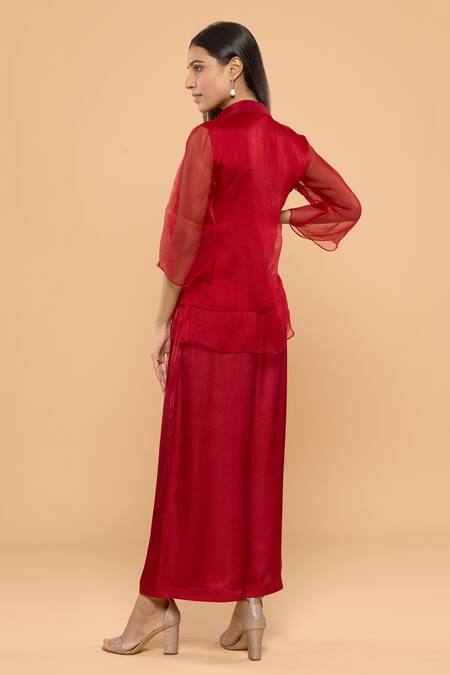 Shop Mayu Kothari Red Organza, Modal, Satin Embroidery Collared Rose Hand Shirt And Palazzo Set at Aza Fashions Shop_Mayu Kothari_Red Organza, Modal, Satin Embroidery Collared Rose Hand Shirt And Palazzo Set_at_Aza_Fashions