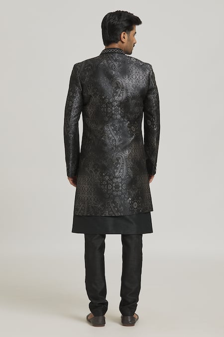 Shop_Samyukta Singhania_Black Silk, Cotton, Polyester Embroidery Floral Print Sherwani Set _at_Aza_Fashions