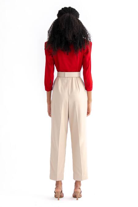 Shop NOTEBOOK Red Banana Crepe Plain Oversize Collar Teresa Colorblock Jumpsuit at Aza Fashions Shop_NOTEBOOK_Red Banana Crepe Plain Oversize Collar Teresa Colorblock Jumpsuit _at_Aza_Fashions