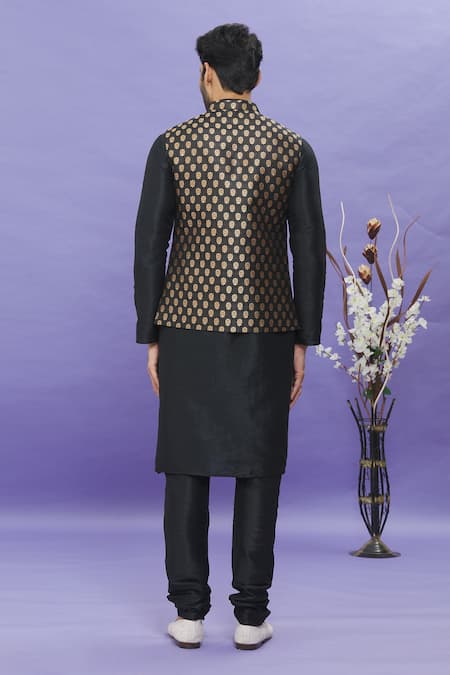 Shop Arihant Rai Sinha Black Jacquard, Silk Embroidery Floral Bundi at Aza Fashions Shop_Arihant Rai Sinha_Black Jacquard, Silk Embroidery Floral Bundi _at_Aza_Fashions