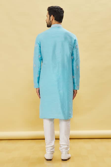 Shop Arihant Rai Sinha Blue Silk Embroidery Floral Resham Kurta Set at Aza Fashions Shop_Arihant Rai Sinha_Blue Silk Embroidery Floral Resham Kurta Set _at_Aza_Fashions