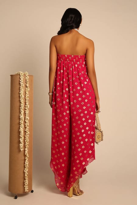 Shop_Style Junkiie_Fuchsia Georgette Tassels Square Neck Flared Tube Jumpsuit _at_Aza_Fashions