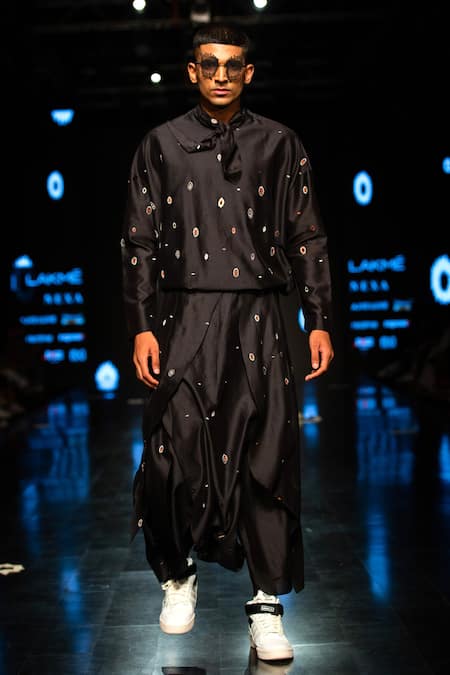 Shop_Antar Agni_Black Cotton Silk Embroidery Thread Cluster Eyes Dhoti Trouser _at_Aza_Fashions