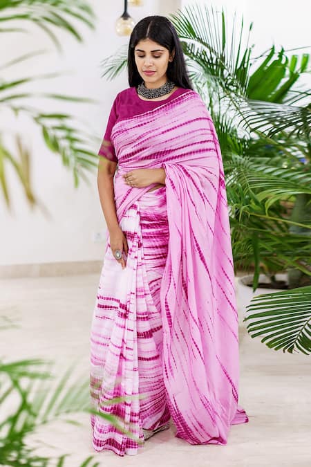 Shop_Cupid Cotton_Fuchsia Silk, Cotton Round Neck Tie Dye Pattern Saree With Blouse _at_Aza_Fashions