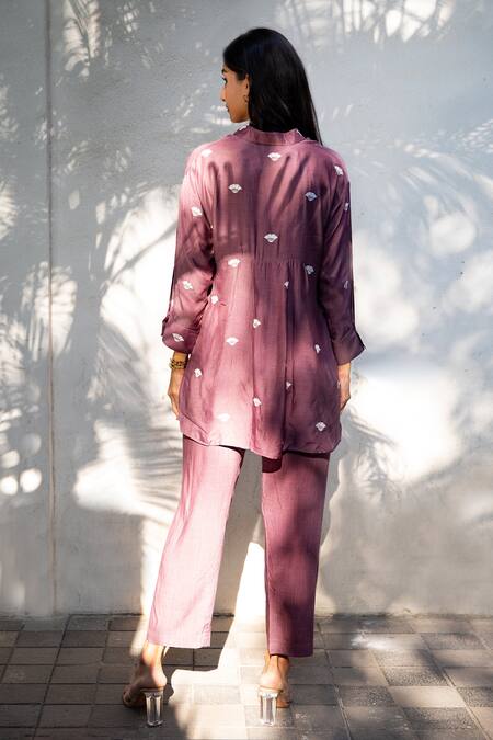 Shop Kapraaaha Purple Muslin Embroidered Floral Collared Neck Motif Shirt And Pant Set at Aza Fashions Shop_Kapraaaha_Purple Muslin Embroidered Floral Collared Neck Motif Shirt And Pant Set_at_Aza_Fashions