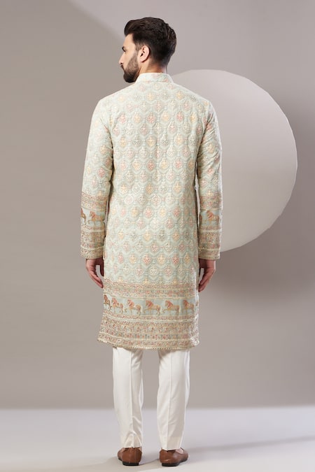 Shop Kasbah Blue Georgette, Cotton Embroidery, Sequins Floral And Animal Kurta Set at Aza Fashions Shop_Kasbah_Blue Georgette, Cotton Embroidery, Sequins Floral And Animal Kurta Set _at_Aza_Fashions