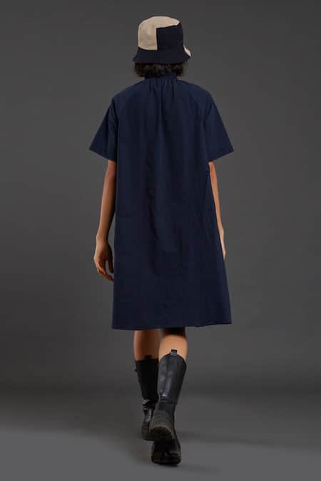 Shop MATI_1 Blue 100% Cotton Frill Tora Neck Solid Dress at Aza Fashions Shop_MATI_1_Blue 100% Cotton Frill Tora Neck Solid Dress _at_Aza_Fashions