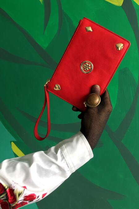 Shop Saurav Ghosh Red Metallic Thread Leather Embellished Clutch at Aza Fashions Shop_Saurav Ghosh_Red Metallic Thread Leather Embellished Clutch_at_Aza_Fashions