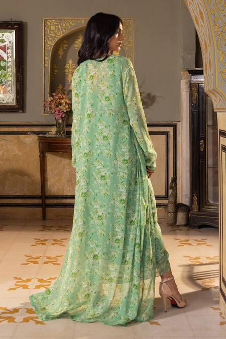 Shop Suruchi Parakh Green Georgette Sequins, Cut Work, Floral Print Jacket Draped Skirt Set at Aza Fashions Shop_Suruchi Parakh_Green Georgette Sequins, Cut Work, Floral Print Jacket Draped Skirt Set _at_Aza_Fashions