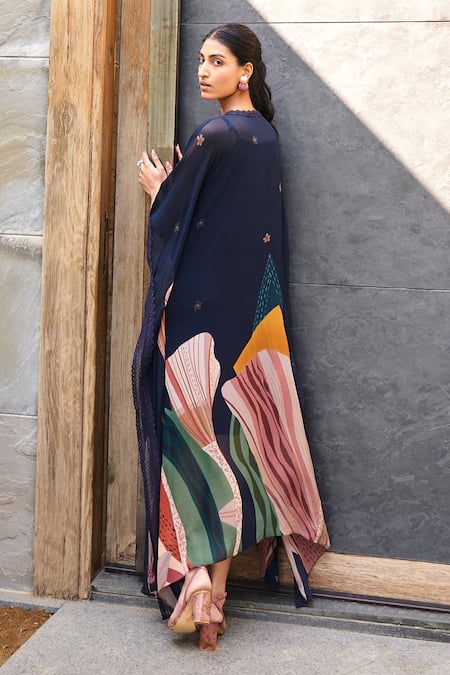 Shop_Varun Bahl_Blue Georgette Lace Crew Neck Abstract Pattern Long Kaftan _at_Aza_Fashions