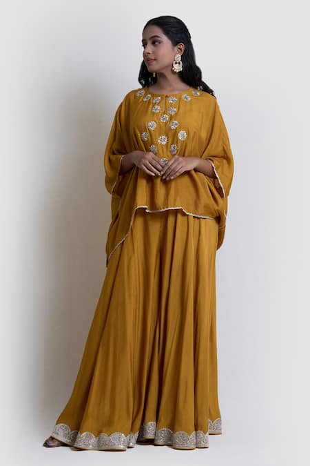 Shop_Brij_Yellow Spun Silk Embroidered Zardozi Round Cape And Pant Set _at_Aza_Fashions