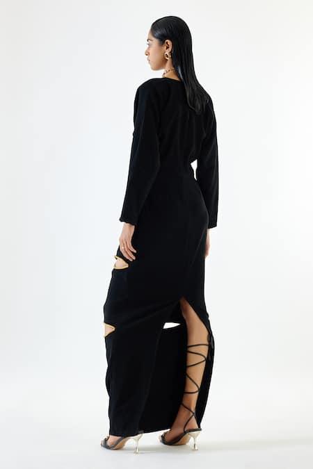 Shop Echostudio Black Crepe Beads Round Neck Cut-out Detail Dress at Aza Fashions Shop_Echostudio_Black Crepe Beads Round Neck Cut-out Detail Dress _at_Aza_Fashions