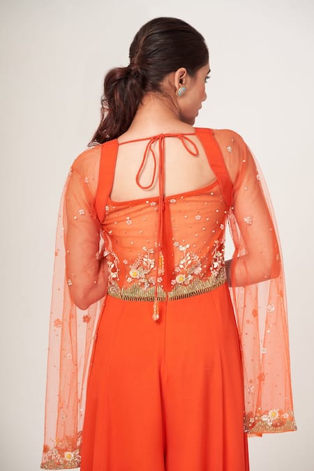 Shop Tamaraa By Tahani Orange Tulle, Georgette Cutdana, Sequins Flower Embellished Corset Jumpsuit at Aza Fashions Shop_Tamaraa By Tahani_Orange Tulle, Georgette Cutdana, Sequins Flower Embellished Corset Jumpsuit _at_Aza_Fashions