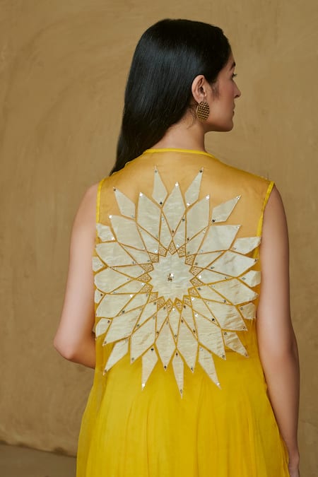 Shop Studio Radical Yellow Crepe, Organza, Cotton Sequins, Applique, Beads Star Jacket Pant Set at Aza Fashions Shop_Studio Radical_Yellow Crepe, Organza, Cotton Sequins, Applique, Beads Star Jacket Pant Set _at_Aza_Fashions