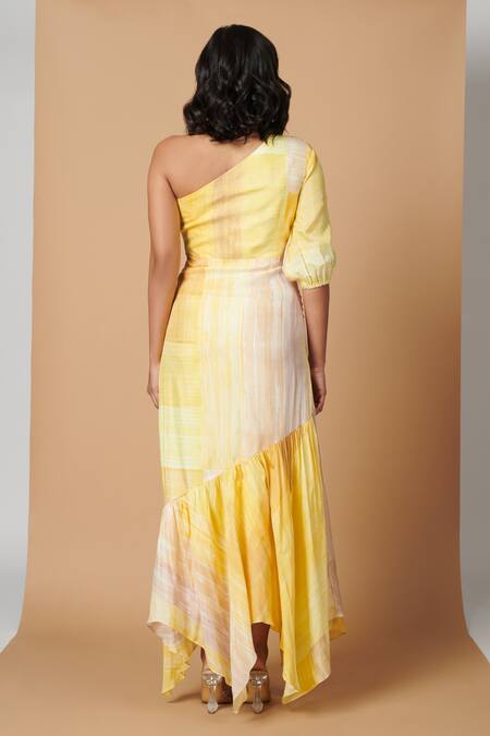 Shop Vedika M Yellow Silk Abstract Pattern One Shoulder Print Dress at Aza Fashions Shop_Vedika M_Yellow Silk Abstract Pattern One Shoulder Print Dress_at_Aza_Fashions