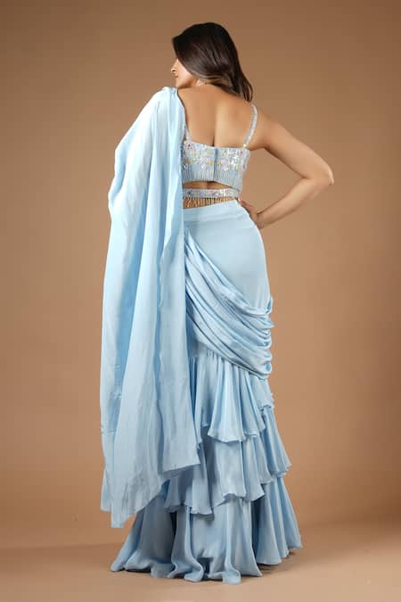 Vana Ethnics_Blue Viscose Sequins, Tassels Pre-draped Ruffle Saree With Embroidered Blouse _Online_at_Aza_Fashions