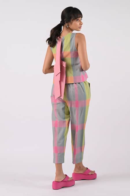 Shop Tussah By Siddhi Shah Multi Color Cotton Round Neck Checkered Crop Top With Pant at Aza Fashions Shop_Tussah By Siddhi Shah_Multi Color Cotton Round Neck Checkered Crop Top With Pant _at_Aza_Fashions