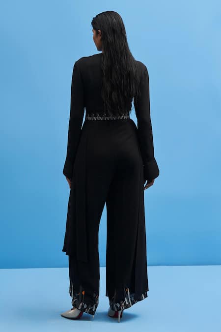 Shop Siddhant Agrawal Black Cotton Embroidery V-neck Chrysler Jumpsuit With Belt at Aza Fashions Shop_Siddhant Agrawal_Black Cotton Embroidery V-neck Chrysler Jumpsuit With Belt _at_Aza_Fashions