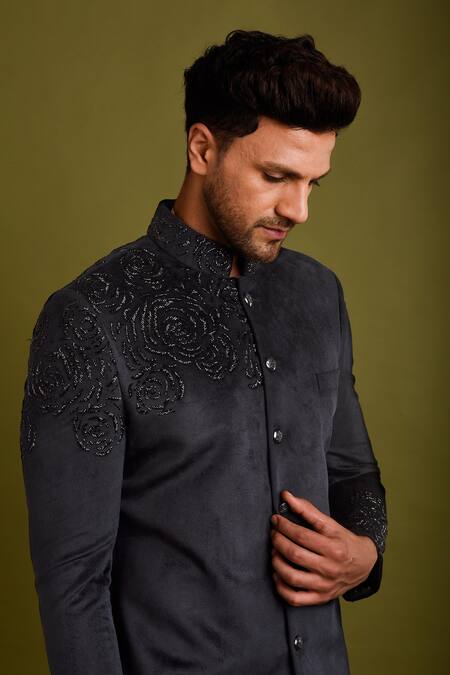 Shop_Chatenya Mittal_Black Velvet Embroidery Cutdana Bandhgala Set For Kids_at_Aza_Fashions