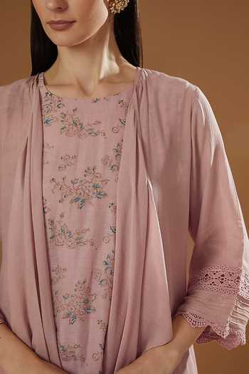 Shop OMI Pink Crepe Lace, Embroidery Open , Round Placement Shrug And Pant Set at Aza Fashions Shop_OMI_Pink Crepe Lace, Embroidery Open , Round Placement Shrug And Pant Set_at_Aza_Fashions