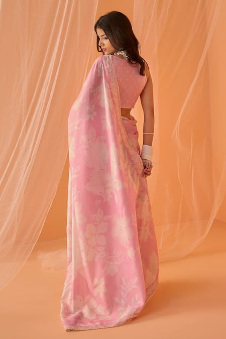 Shop Lashkaraa Pink Chanderi Embroidery Halter Neck Floral Printed Pre-draped Saree Set at Aza Fashions Shop_Lashkaraa_Pink Chanderi Embroidery Halter Neck Floral Printed Pre-draped Saree Set_at_Aza_Fashions