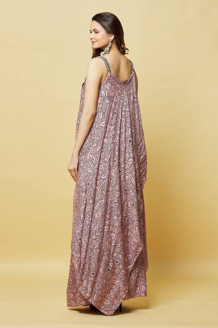 Shop Nupur Kanoi Pink Silk Beads, Mirrors Scoop Neck Floral Print Maxi Dress at Aza Fashions Shop_Nupur Kanoi_Pink Silk Beads, Mirrors Scoop Neck Floral Print Maxi Dress_at_Aza_Fashions