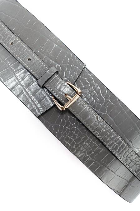 Shop Trov Grey Luca Croc Embossed Leather Buckle Belt at Aza Fashions Shop_Trov_Grey Luca Croc Embossed Leather Buckle Belt _at_Aza_Fashions