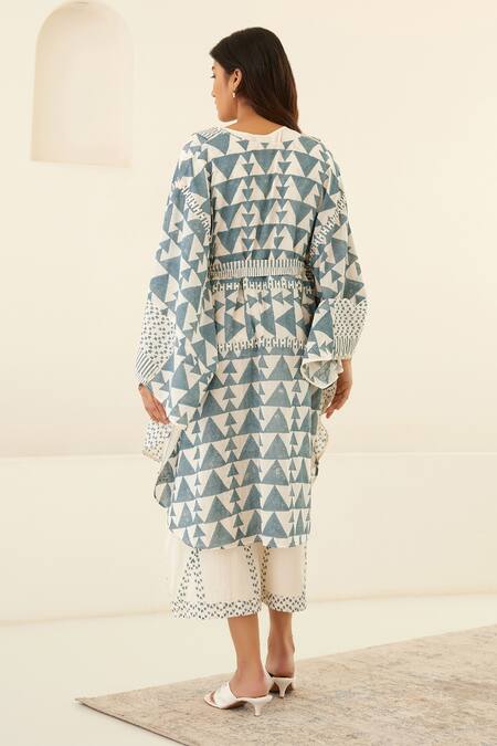 Shop_Cotton And Clay_White Silk Sequins Round Neck Geometric Hand Block Print Jumpsuit And Kimono _at_Aza_Fashions