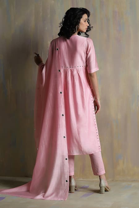 Shop_Charkhee_Purple Kurta And Dupatta Chanderi Embroidered Mirror Work V Pastel Pant Set _at_Aza_Fashions