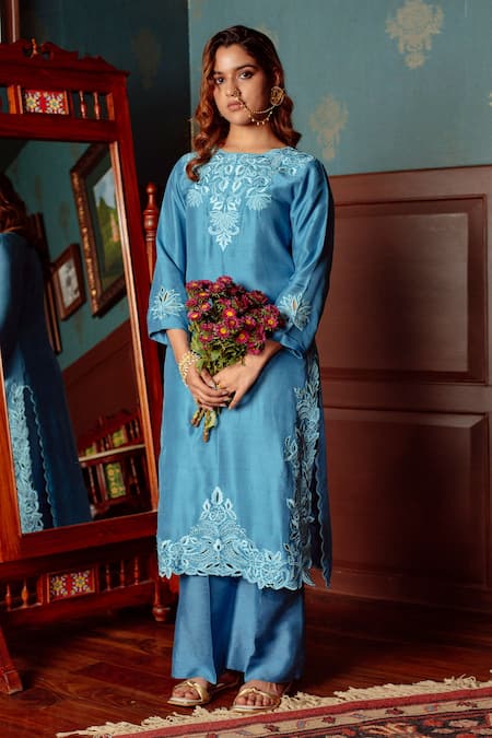 LAHARIO Silk Cut Work Embroidered Kurta Bell Bottom Pant Set 