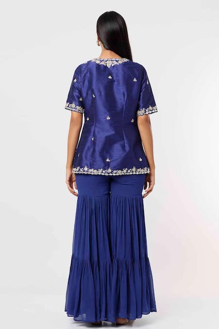 Shop Mehak Murpana Blue Silk, Chiffon Embroidery V-neck Floral Raw Kurta Sharara Set at Aza Fashions Shop_Mehak Murpana_Blue Silk, Chiffon Embroidery V-neck Floral Raw Kurta Sharara Set _at_Aza_Fashions