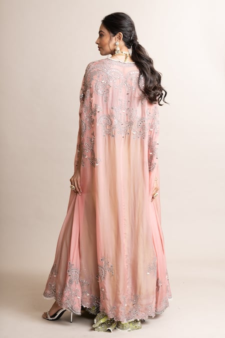 Shop_Nupur Kanoi_Green Crepe, Satin Mirrors, Waistband Embroidered Sharara Set With Contrast Cape _at_Aza_Fashions