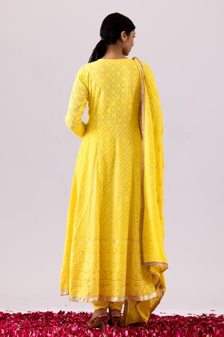Shop Abbaran Yellow Georgette Embroidered Chikankari Thread And Sequin Work V Neck Anarkali Set at Aza Fashions Shop_Abbaran_Yellow Georgette Embroidered Chikankari Thread And Sequin Work V Neck Anarkali Set_at_Aza_Fashions
